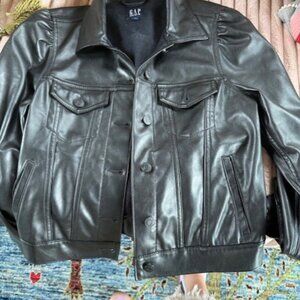 Women's Black Faux Leather Jacket, Puff Sleeve, XS, Gap